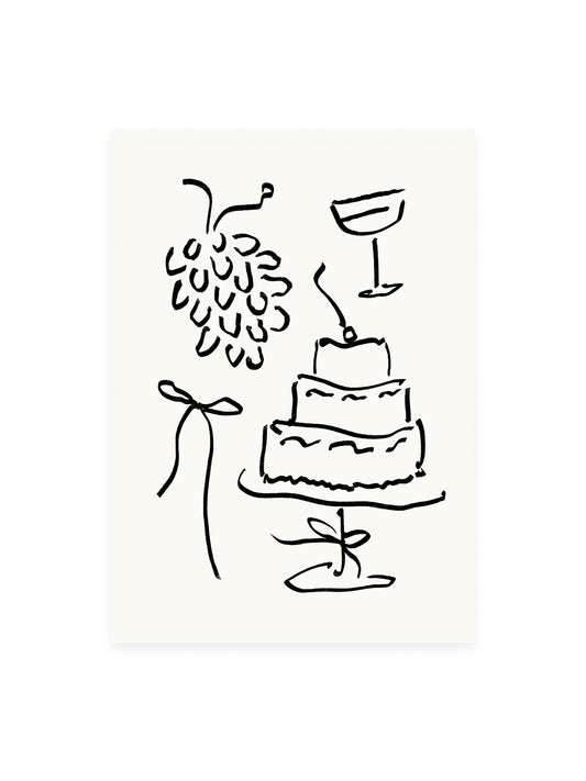 Postcard of grapes and cake (risograph)