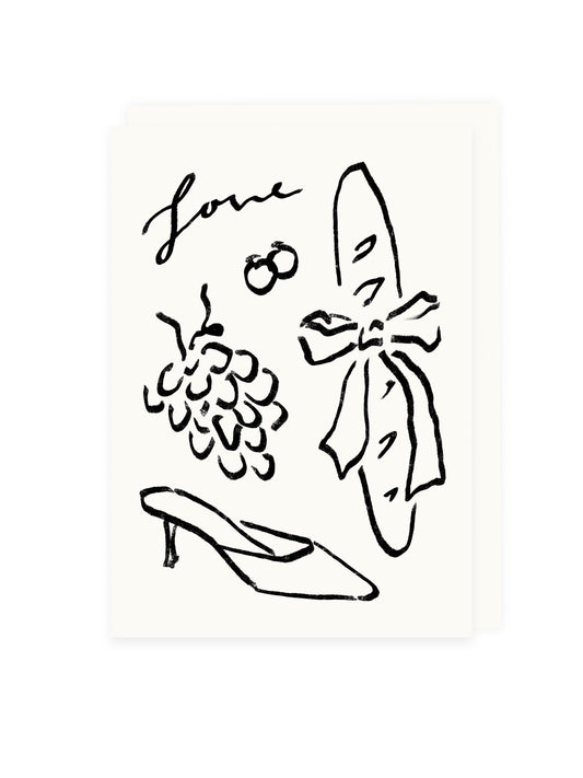 Folding card 'Love' baguette, grapes (risograph)
