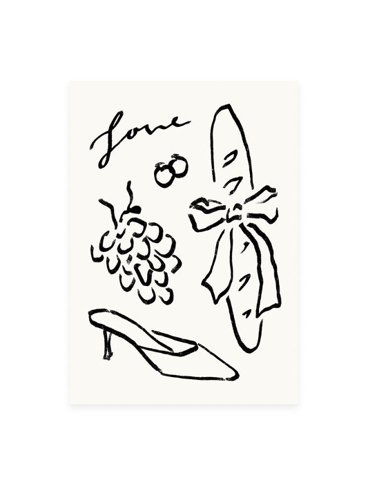 Postcard 'Love' Baguette, Grapes (Risograph)